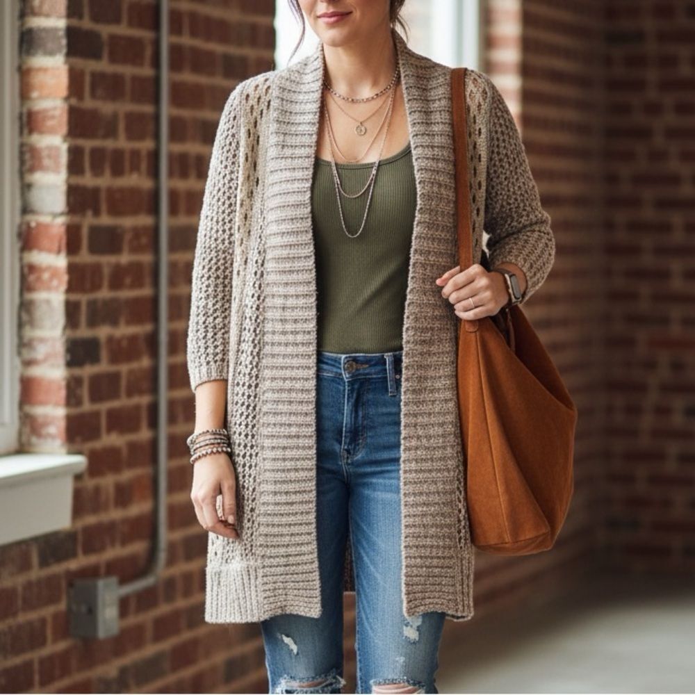 Chico’s Open Weave Long Knit Cotton Acrylic Tan Cardigan Sweater Size 2 Large